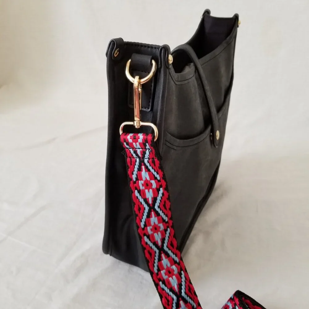 NWOT! Black Faux Leather Purse Shoulder Crossbody Bag with Embroidered Strap - Picture 11 of 12